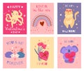 Valentine day animals cards. Cute romantic characters, hearts valentines, love holiday elements, funny koala, cat and Royalty Free Stock Photo