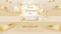 Valentine day backdrop with podium for product display, Heart shape elements, golden ribbon, gift box and glitter light effects