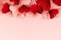 Valentine day background with heap sweet love pink and red paper hearts of asian fans in modern fashion style on cute soft light.