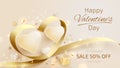Valentine day background with heart shape elements and gold ribbon with glitter light effects