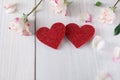 Valentine day background, hearts and flowers on white wood Royalty Free Stock Photo