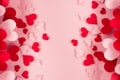 Valentine Day Background Of Many Different Paper Hearts On Pink Soft Background. Copy Space.