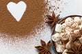 Valentine day background marshmellow, blue cup coffee cocoa powder star anis. Royalty Free Stock Photo