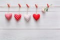 Valentine day background, pillow hearts border on wood, copy space Royalty Free Stock Photo