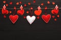 Valentine day background, pillow hearts border on wood, copy space Royalty Free Stock Photo