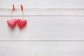 Valentine day background, pillow hearts couple on wood, copy space Royalty Free Stock Photo