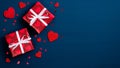 Valentine Day background with red gift boxes and hearts on blue. Flat lay, top view. Love and romance concept Royalty Free Stock Photo