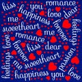 Valentine' Day background with romantic words and red heart shapes on blue jeans background