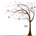 Valentine Day Background,Tree with Red Heart Leaves and Couple Kingfisher Bird Standing on Swing in Spring Grass Fields,Single Royalty Free Stock Photo