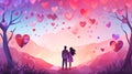 Valentine Day banner background with colorful hearts and a couple, generated by AI
