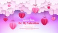 Valentine day banner, paper clouds and hearts. Saint pink sky, love time, happy cute sale card, 3d children cut banner