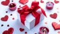Valentine day beautiful. Romantic gift box, red love hearts, candle on white background. February romance present card Royalty Free Stock Photo