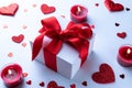 Valentine day beautiful. Romantic gift box, red love hearts, candle on white background. February romance present card Royalty Free Stock Photo