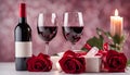 Valentine Day with a bottle of wine, two wine glasses, a candle, and red roses Royalty Free Stock Photo