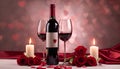 Valentine Day with a bottle of wine, two wine glasses, two candles, and red roses Royalty Free Stock Photo