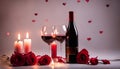 Valentine Day with a bottle of wine, two wine glasses, two candles, and red roses Royalty Free Stock Photo