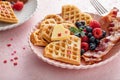 Valentine day breakfast with waffles heart shaped Royalty Free Stock Photo