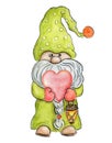 Valentine day card. Cute gnome with valentine heart. Watercolor drawing isolated on white background