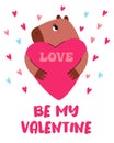 Valentine day card. Cute lovely capybara with heart. Be my Valentine. Royalty Free Stock Photo