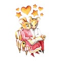 Valentine day card. loving mice sitting on the couch and reading a book. Painting with watercolor.