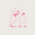 Valentine Day card with outline cute lovely capybara couple. Romance kiss vector animal line art illustration