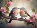 Valentine Day card. Two little birds sitting on the flowering branch Royalty Free Stock Photo