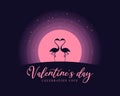 Valentine Day celebration love banner with Couple Flamingo on pink full moon night vector design