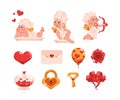 Valentine Day collection. Cartoon little Cupid angels with wings bow and arrows. Heart balloons. Love letter and amour