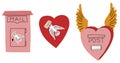 Valentine day collection. Hand drawn cartoon cute heart elements in retro vintage style. Mailbox or postbox shape set