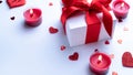 Valentine day composition: red love hearts, romantic gift box, candle on white background. February romance present card Royalty Free Stock Photo