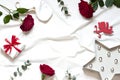 Valentine day concept frame on the white blanket. Royalty Free Stock Photo