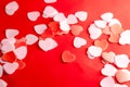 Valentine day concept. red and pink Hearts soap with red background
