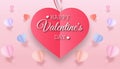 Valentine day concept with red pink paper hearts hanging on tree branch,floral paper, Paper cut style, Vector symbols of love, Royalty Free Stock Photo