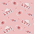 Valentine day concept seamless pattern with vector cute cartoon stickers, letters with wings and hearts. Pink background for