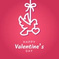 Valentine Day congratulation banner with symbol of dove holding heart hanging on ribbon with bow. Royalty Free Stock Photo