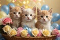 Valentine\'s day. Cute kittens inside a straw basket.