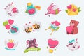 Valentine Day cute stickers set in flat cartoon design. Vector illustration Royalty Free Stock Photo