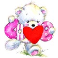 Valentine day. Cute White bear and red heart.