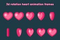 Valentine Day 3d Heart Rotation Animation Frames Set Flat Design Vector Illustration