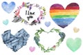Valentine day doodle hearts, lesbian, gay, LGBT, wooden, rainbow, rainbow, frame, ornament