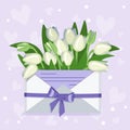 Tulips in a craft envelope with a love note and hearts Royalty Free Stock Photo