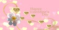 Valentine day festive pink background gold heart symbol confetti and happy greetings lettering holiday ,template, copy space ,ban