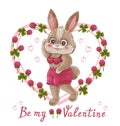 Valentine day. Funny romantic bunny. Be my Valentine. Cute cartoon rabbit with heart frame. Lovers holiday vector