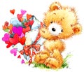 Valentine day. Funny teddy bear and red heart. Royalty Free Stock Photo