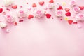 Valentine Day With Red Hearts And Roses On Pink Background