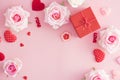 Valentine Day Gift Box With Red Hearts And Roses On Pink Background