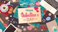 Valentine Day Gift Card Holiday Love Heart Shape Decorated Workspace Desk Copy Space Top Angle View