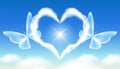 Valentine day greeting card with cloud heart, sun and two butterflies in blue sky with clouds Royalty Free Stock Photo