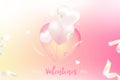 Valentine Day greeting card template. Celebration concept with Pink hearts and light effects on background with ribbons. Royalty Free Stock Photo