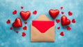 Valentine day greeting concept. Envelope and red hearts on blue background top view